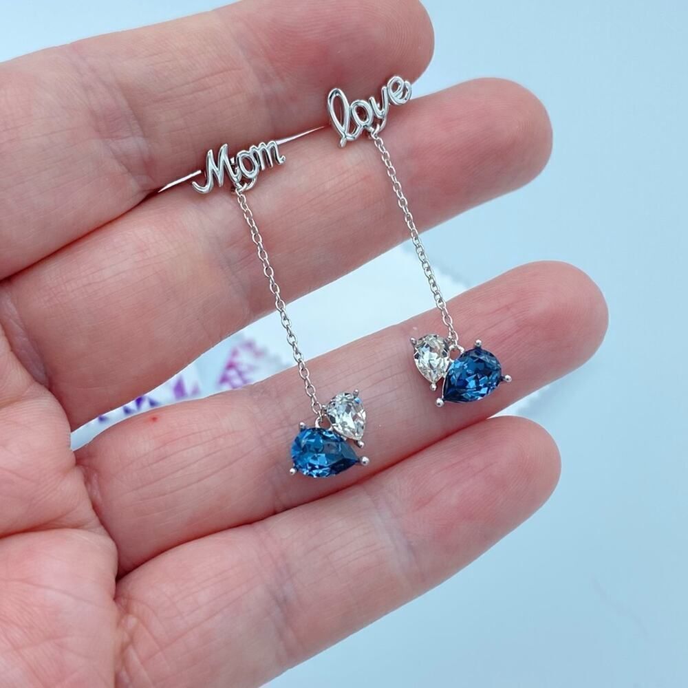I Love You Mom Sterling Silver Sapphire Drop Earrings